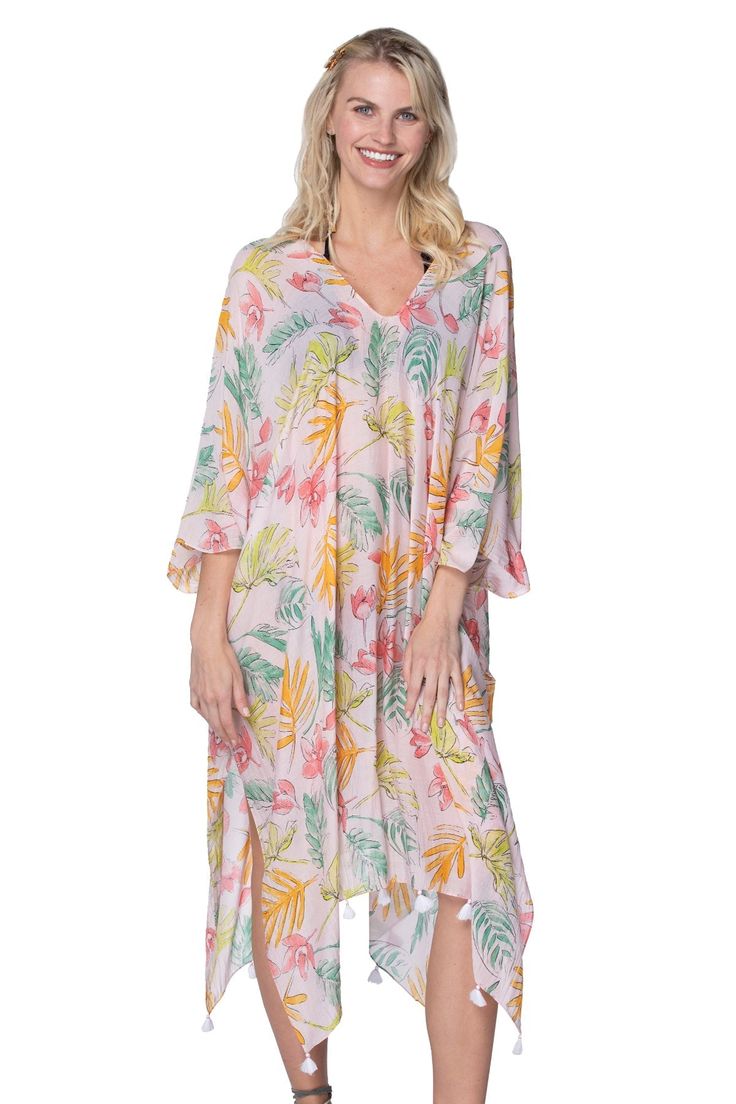 Pool to Party Kaftan One Size / Pink Colorful Spring V-Neck Dress in Pink Office Flats, Subtle Luxury, Spring Prints, V Neck Dress, Dress First, Luxury Fabrics, Warm Weather, Sundress, Pullover Styling