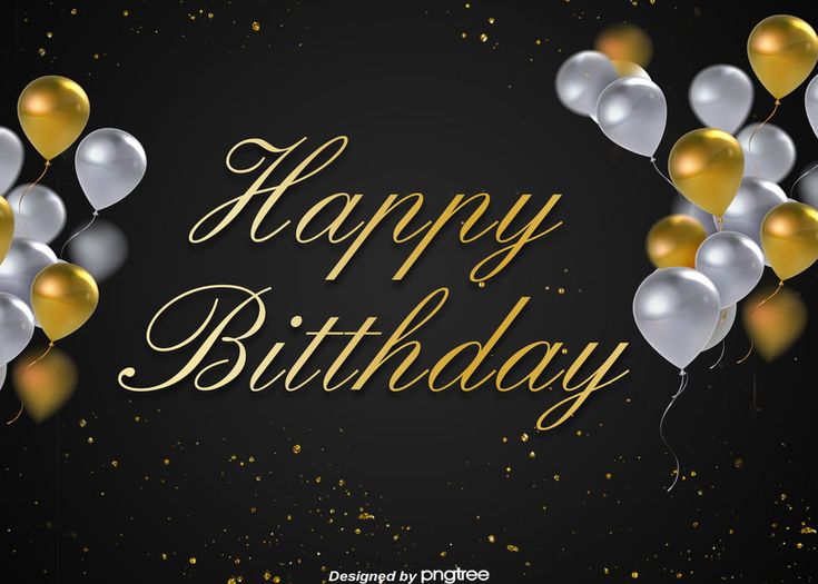 happy birthday card with balloons and confetti in gold, silver and white colors