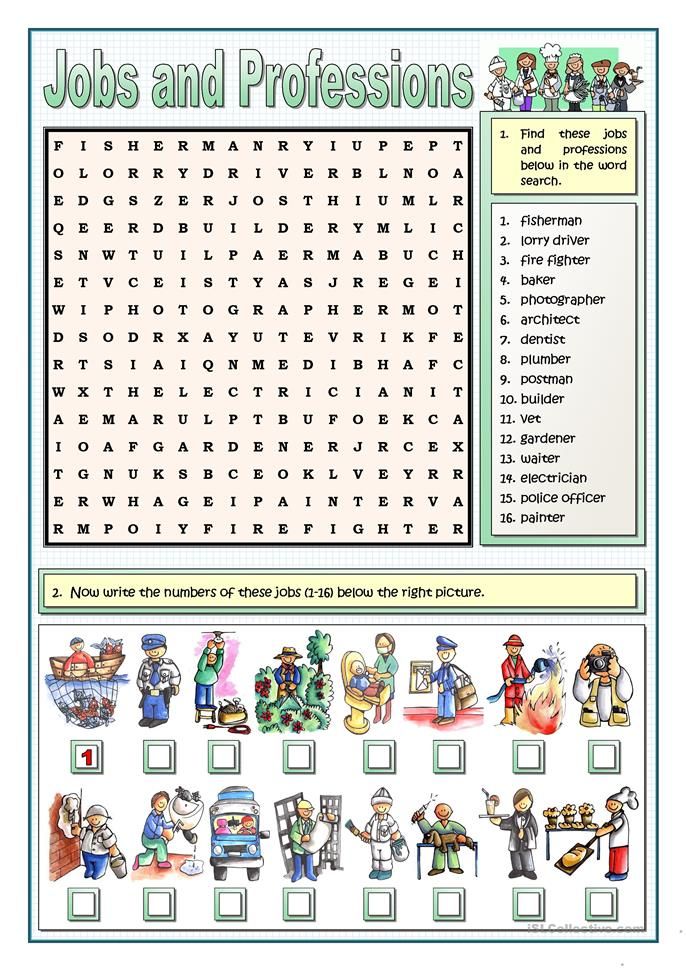 jobs and professions crossword puzzle game for kids to play on the computer or at home