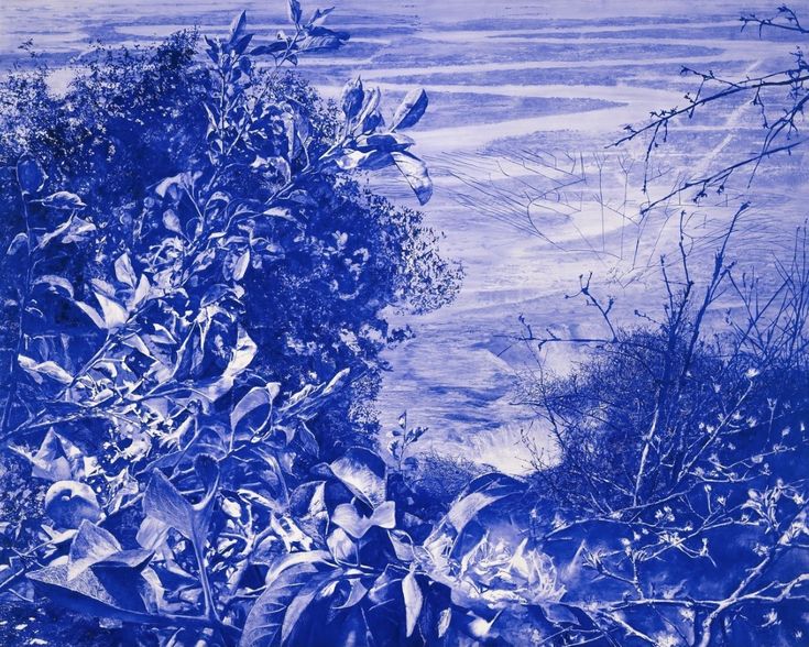 an abstract painting of blue and white foliage