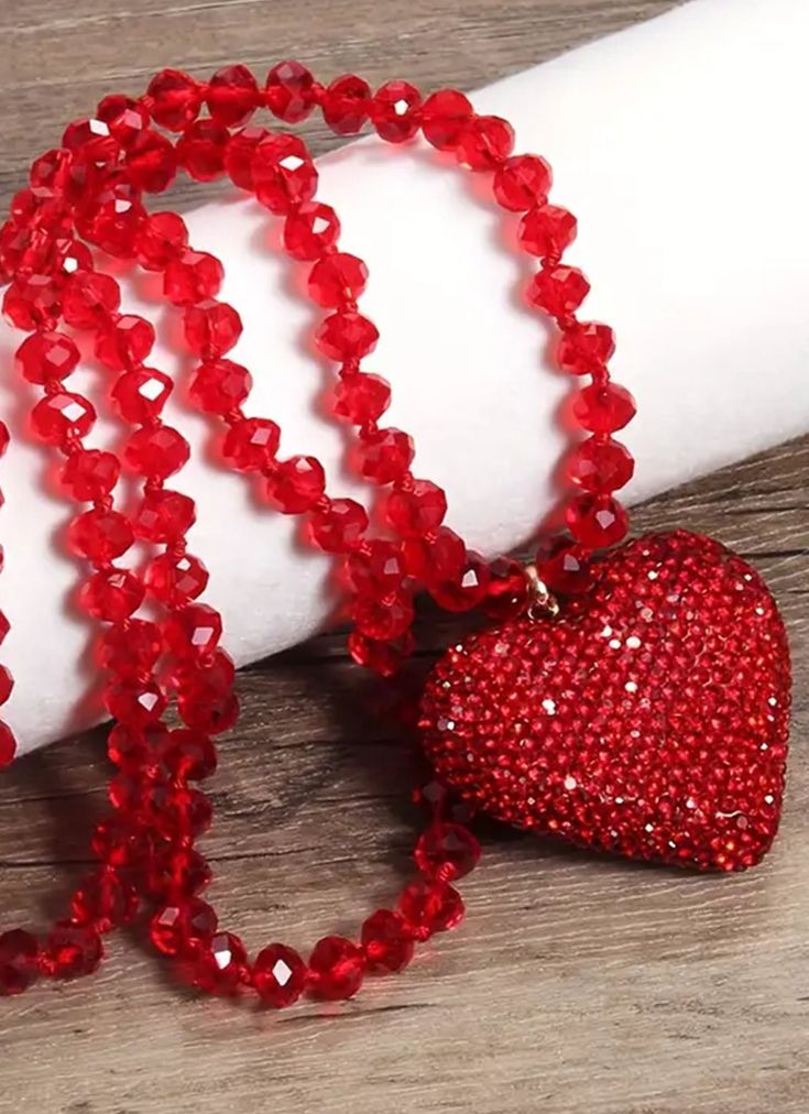 Elegant Red Rhinestone Heart Necklace With Black Fasted Beads to Add a Touch Of Sparkle Length: 32" Luxury Red Dazzling Necklace, Crystal Heart Pendant, Heart Pendants, Boot Cuffs, Elegant Red, Rhinestone Heart, Red Rhinestone, Scarf Hat, Red Crystals