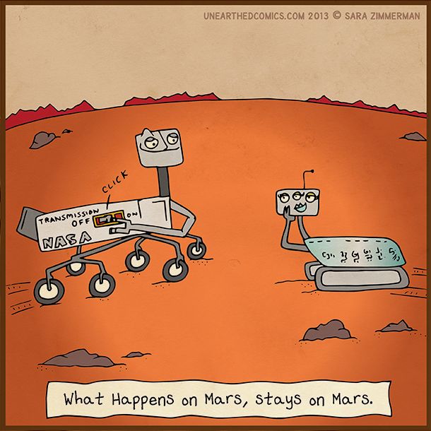 an image of mars rovers on the surface with caption that reads, what happens on mars, stays on mars?