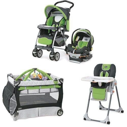 three different types of baby strollers and one is green with black trim, the other has