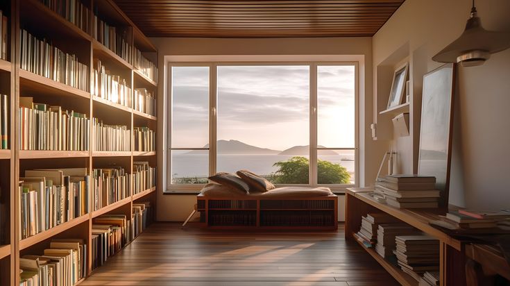 a room with bookshelves and a couch in front of a window that looks out onto the water