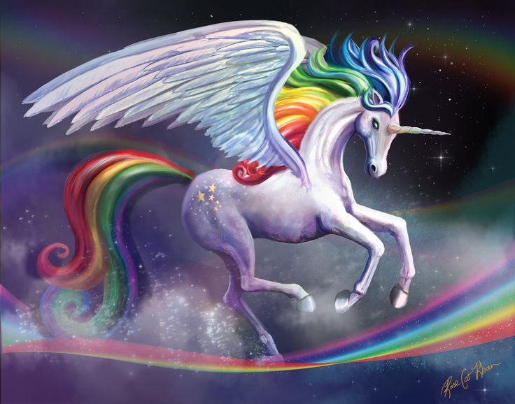 a painting of a white unicorn with rainbow manes running through the air and stars in the background