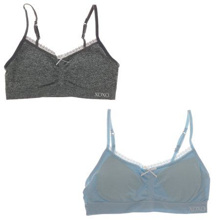 XOXO's girl's training bras are made lightly lined with removable cups for comfort and coverage. This two pack has traditional adjustable straps and goes over the head, so your young lady can practice wearing that extra layer before graduating to a more complicated closure. With a delicate bow for added detail, these training bras are smooth and soft with no uncomfortable underwire. Size: X-Large 36A.  Color: Blue.  Gender: female.  Age Group: adult. Practice Wear, Basic Outfits, Blue Gender, Pale Blue, 2 Pack, Gender Female, Blue Grey, Age Group, Adjustable Straps