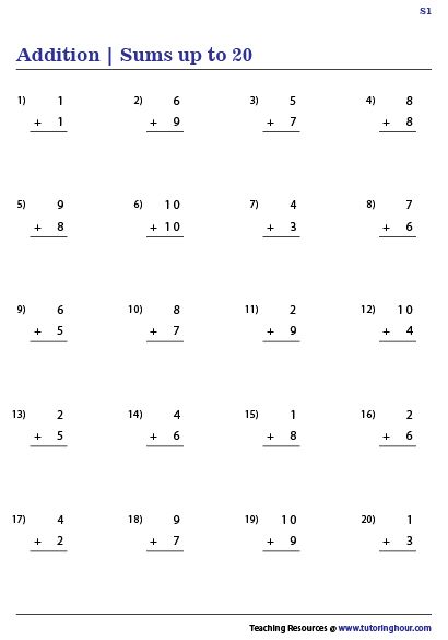 Addition within 20 Worksheets | Sums up to 20 | Subtraction, Math ...