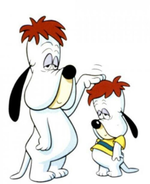 the cartoon dog is giving his son a haircut with text that reads, flashback to the 80's droopy & his son driple