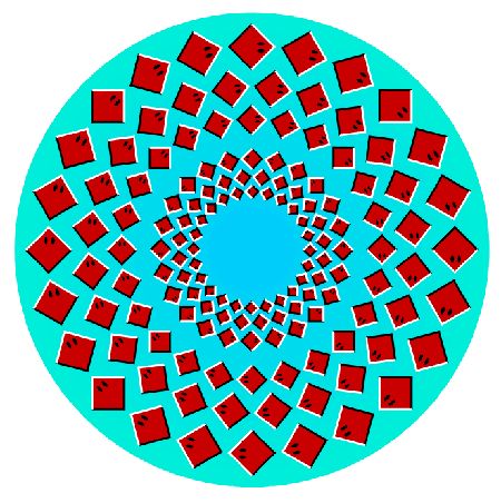 an abstract circular pattern with red squares on blue background