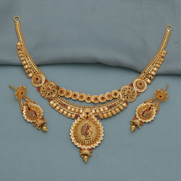 Discover the allure of Handmade Gold Jewelry at https://morvijewels.etsy.com/   Get a dazzling 25% off on all our 22k and 18k gold pieces. Don't miss out on this limited-time offer. Shop now and embrace the radiance of gold! Metal - Yellow Gold Purity- 22 Karat Yellow Gold Weight- 30.39 grams approx Necklace - 8.25 inches long, Middle Size- 4.8*2.6 cm  Earrings - 4.6 cm long, 1.6 cm width Click For More  https://www.etsy.com/in-en/shop/morvijewels?ref=seller-platform-mcnav Click here  https://morvijewels.etsy.com/    to get more discount and offers Happy to take wholesale bulk orders. Dual-tone 22k Gold Jewelry For Festivals, Dual-tone 22k Gold Jewelry Gift, 22k Gold Chandbali Jewelry For Puja, Gold Dual-tone Jewelry For Puja, 22k Gold Chandbali For Puja, 22k Gold Meenakari Jewelry For Puja, 22k Gold Tilla Jewelry For Puja, 22k Gold Dual-tone Temple Jewelry, 22k Gold Dual-tone Jewelry For Celebrations