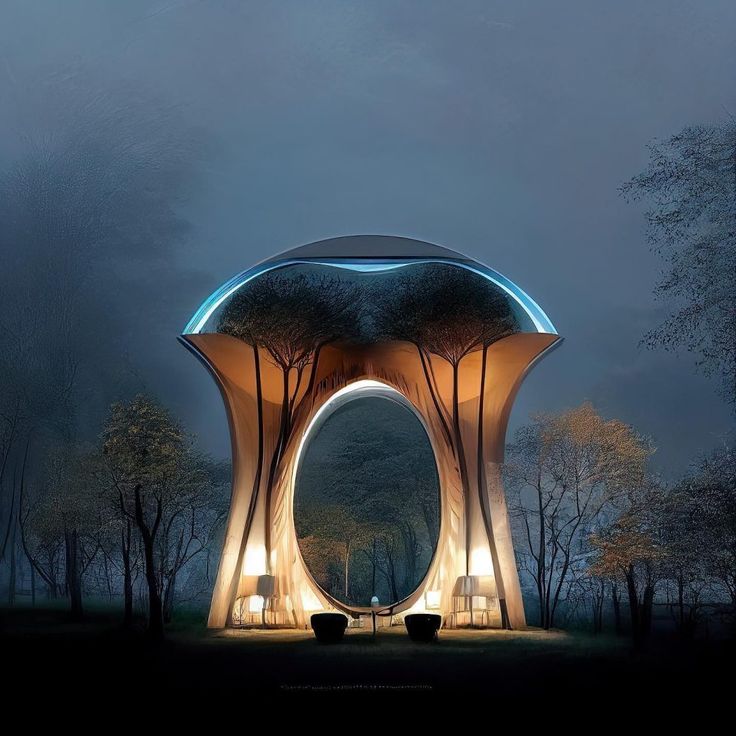 an unusual structure with lights on it in the middle of a forest at night, surrounded by trees