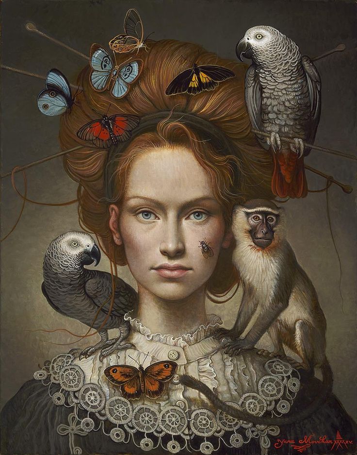 a painting of a woman with birds and monkeys on her head