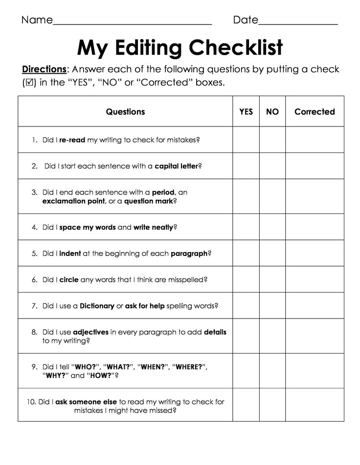 the worksheet for editing checklist is shown in black and white, which includes two