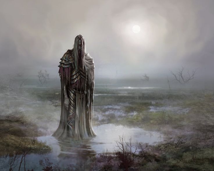 a painting of a woman standing in the middle of a swampy area with fog