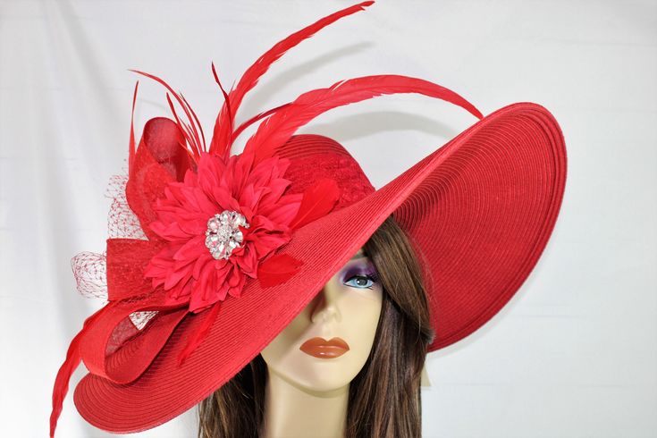 Women Red Jeweled Flower Kentucky Derby Tea Party Wide Brim Straw Hat with Birdcage Veil Feathers and Lace Band by BeyondSassyLLC on Etsy Red Flat Brim Party Hat, Red Hats With Curved Brim For Evening, Red Curved Brim Hat For Party, Red Brimmed Evening Hat, Red Brimmed Hat For Evening, Red Curved Brim Hat For Evening, Red Fedora Party Hat, Elegant Red Brimmed Costume Hats And Headpieces, Red Fitted Wide Brim Costume Hats And Headpieces