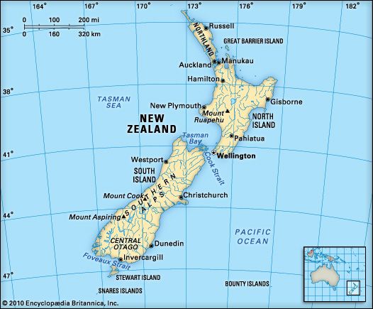 a map showing the location of new zealand and its surrounding towns, roads, water and mountains