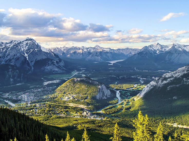 the mountains are covered with snow and green trees in the foreground is a river running through it