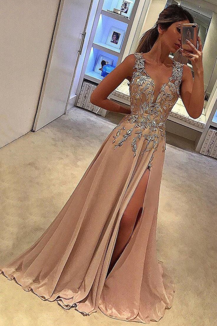 A-line V-neck Satin Brown Sweep Train Appliques Lace with Slit Sleeveless Prom Dresses PH691 Pink Satin Prom Dress, A Line Evening Dress, 파티 드레스, V Neck Prom Dresses, Floor Length Prom Dresses, Evening Party Gowns, Prom Dresses Sleeveless, Dress Chiffon, Prom Dress Shopping