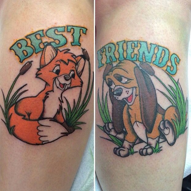 two different tattoos on the legs of people, one with a fox and the other with a dog