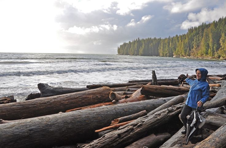 a man standing on top of a pile of logs next to the ocean