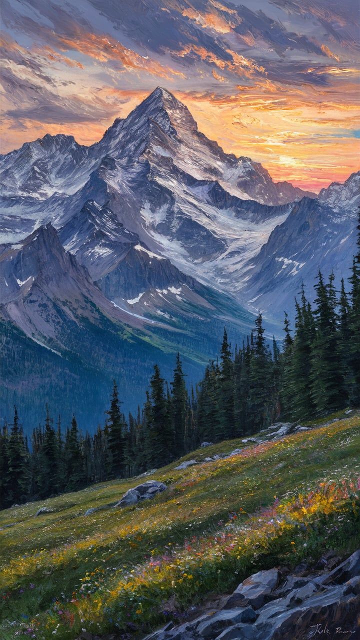 a painting of mountains with trees and flowers in the foreground