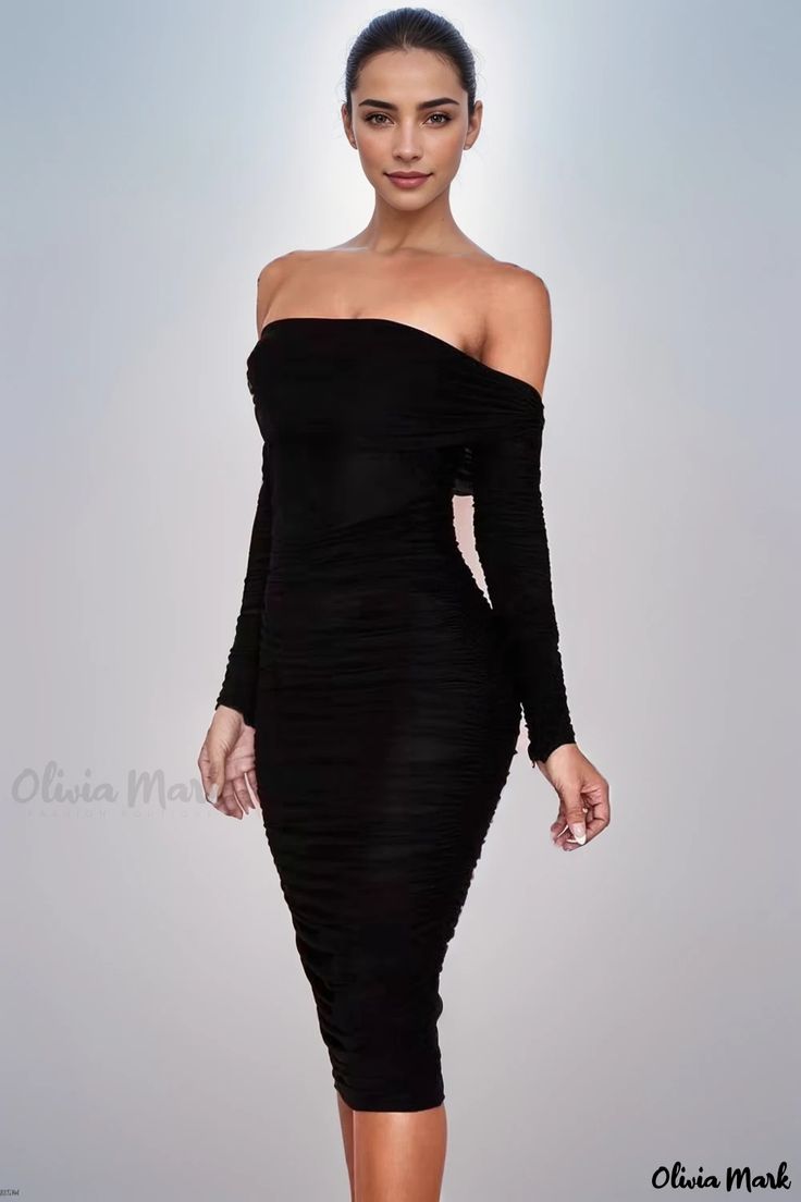 Olivia Mark - Seductive and Sophisticated Long Sleeve Pleated Mesh Party Dress for Cocktail Events Chic Bodycon Dress For Evening Party, Flirty Midi Dress For Club And Party Season, Stretch Off-shoulder Midi Dress For Evening, Fitted Bodycon Dress For Cocktail Evening, Fitted Bodycon Dress For Evening Cocktail, Elegant Stretch Bodycon Party Dress, Fitted Midi Dress For Party Gala, Sleek Off-shoulder Bodycon Dress For Formal Events, Chic Evening Bodycon Dress For Club