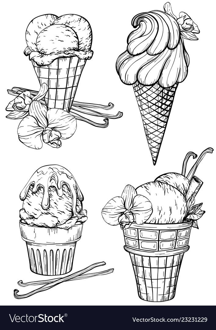 four different ice creams in baskets and cones