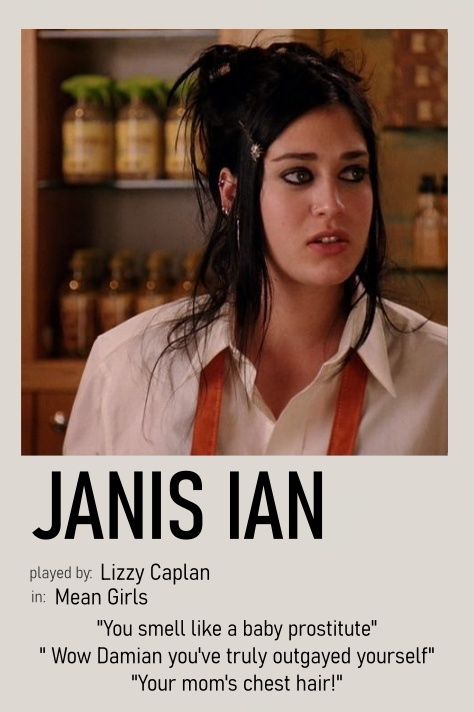 janis ian mean girls minimalist polaroid poster Movie Characters With Black Hair, Janis Ian Outfit, Mean Girls Janis, Janis Ian, Mean Girl 3, Mean Girls Party, Minimalist Polaroid Poster, Mean Girls Movie, Glow Birthday Party