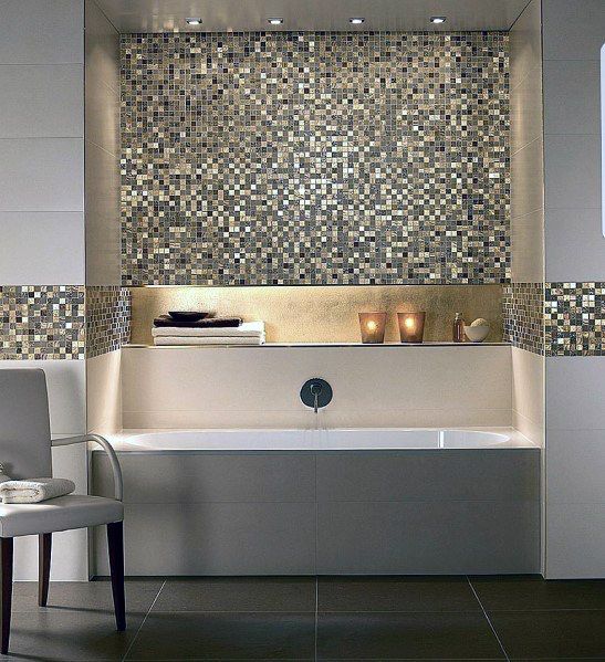 an image of a bathroom setting with tile on the wall and bathtub in the middle