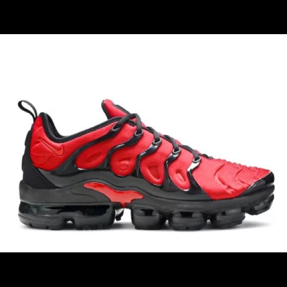 Nike Air Vapormax Plus University Red Black Shoes Great Condition Red Sneakers With Air Cushioning For Sports, Red Leather Sneakers With Air Cushioning, Custom Red Leather Sneakers With Air Max Cushioning, Dynamic Red Custom Sneakers With Round Toe, Dynamic Running Shoes With Red Sole, Nike Sneakers With Red Sole, Red Dynamic Custom Sneakers With Round Toe, Red Leather Running Shoes With Cushioned Footbed, Red Casual Custom Sneakers With Air Max Cushioning