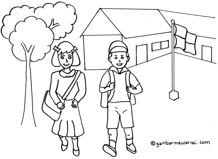 a black and white drawing of two people standing in front of a house with a tree