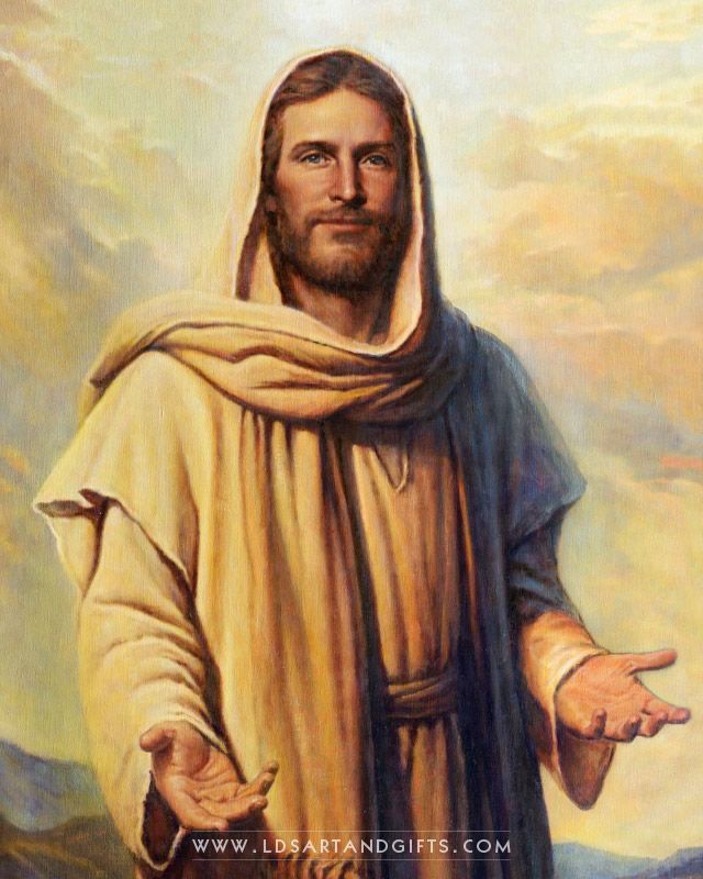 a painting of jesus holding his hands out