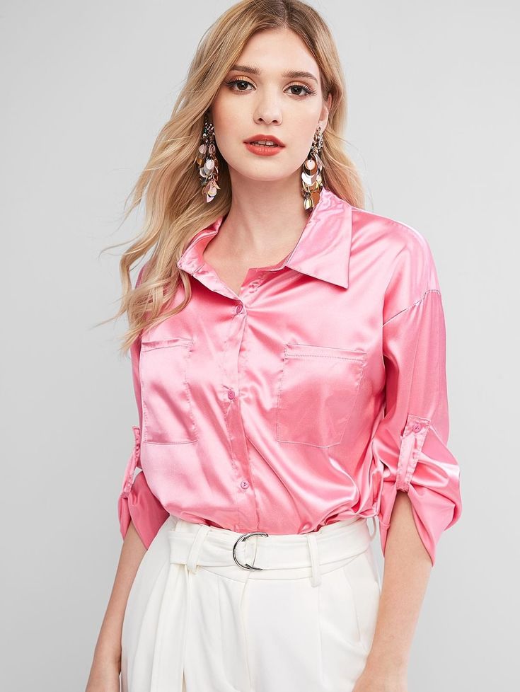 Satin Chest Pocket Roll Tab Sleeve Curved Shirt - Hot Pink M Satin Blouse Shirts, Cute Blouses For Women, Ruffle Sleeve Blouse, Pink M, Satin Blouses, Cute Blouses, Satin Blouse, Satin Top, Work Looks