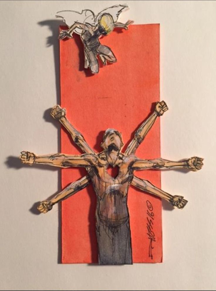 a drawing of jesus on the cross with two doves above it and an orange background