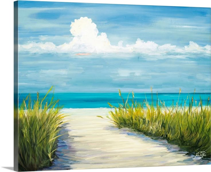 a painting of a path leading to the ocean with grass on either side and clouds in the sky