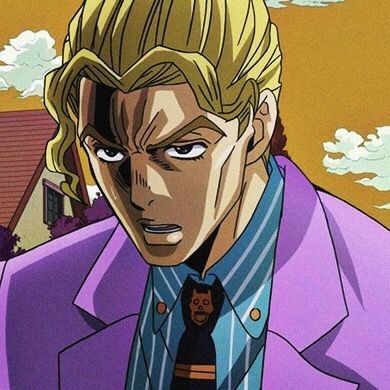 an anime character with blonde hair wearing a purple suit and tie, looking at the camera