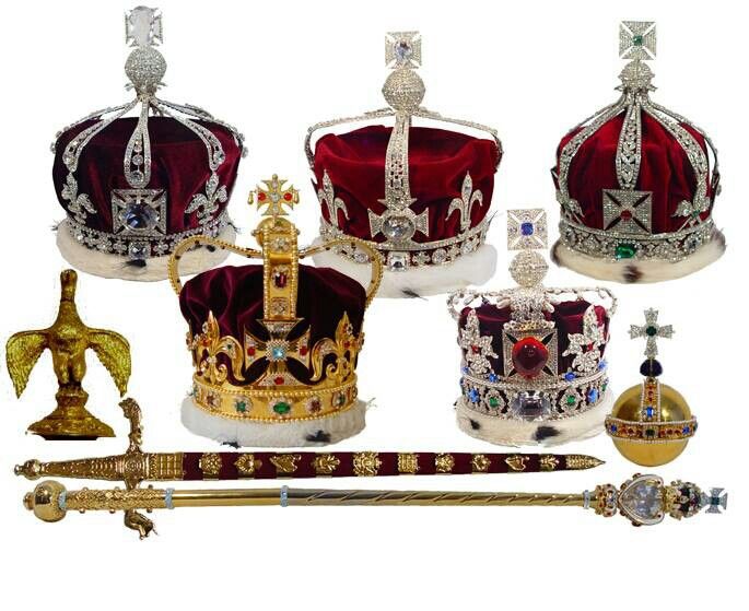 a collection of royal crowns and swords