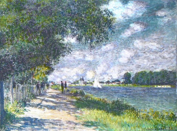 a painting of people walking on a path by the water with trees and clouds in the background