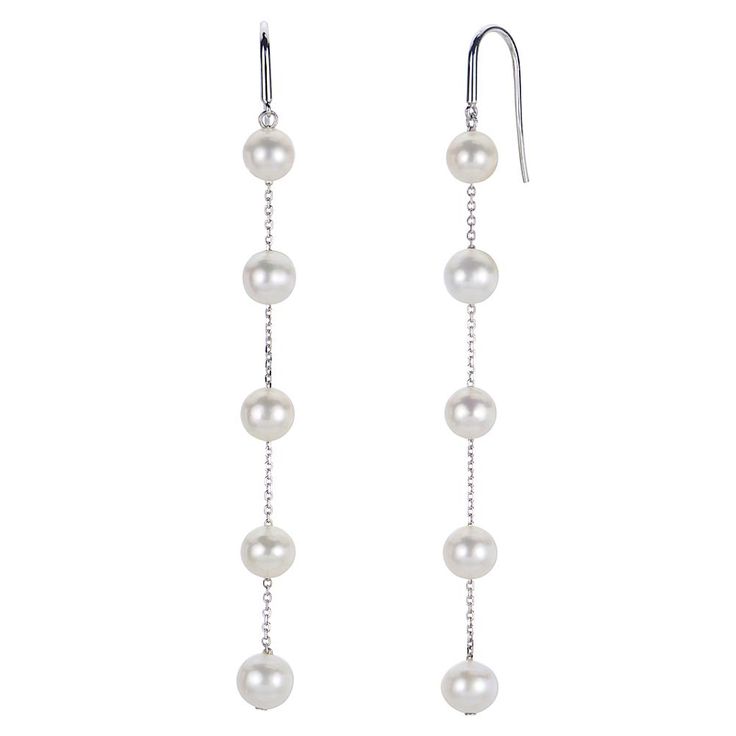 Sterling Silver 6-6.5mm Cultured Freshwater Pearl Chain Earrings Such a pretty choice, this chain-link dangle is studded with glowing, freshwater pearls and is bound to please pearl and fine-jewelry enthusiasts.                     Each approx. 3-1/4"L x 1/4"W     Stamped .925 sterling silver; polished finish      Pierced with fish hook wire backs   Stone Information       All sizes and weights approximate     Cultured Freshwater Pearl: Off-round (6-6.5mm) White Gemstones, Pearl Details, Color Bands, Pearl Chain, Chain Earrings, Fish Hook, Sterling Earrings, Sterling Silver Earrings, Fresh Water