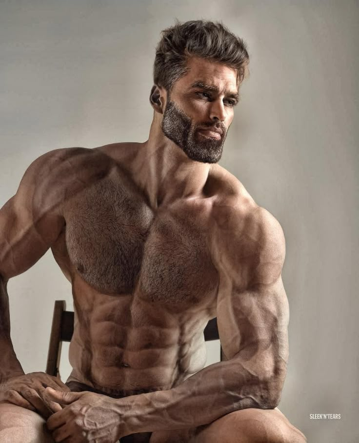 a man sitting on top of a wooden chair with his shirt off and no shirt on