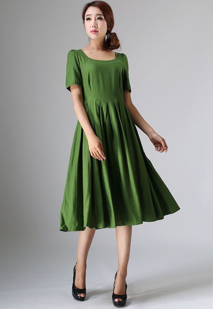 "This Prairie Linen dress is designed with soft linen in forest green hues, perfect with Puff sleeve, round neckline, and back button closure, This womens swing dresses can be styled with light weight a accessories for a daring ensemble . vintage inspired design, Handmade by Xiaolizi. DETAILS 50% linen, 50% Cotton, Medium weight Linen No lining Square neckline Short Puff Sleeve Seam pockets Back Zipper Below Knee length Spring, Summer House dress More color and More size https://etsy.me/2TGUAgq Casual Fitted Dark Green Dress, Dark Green Fitted Casual Dress, Fitted Dark Green Casual Dress, Green Pleated A-line Maxi Dress, Green Casual Pleated Dress, Casual Green Pleated Dress, Green Pleated Casual Dress, Dark Green Knee-length Midi Dress For Summer, Green Midi Dress With Pleated Waist And Short Sleeve