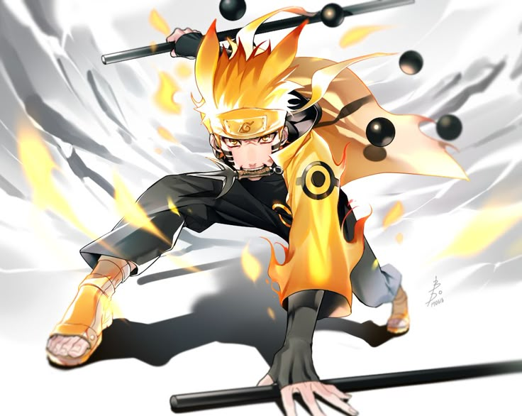 an anime character in yellow and black is holding two swords with flames coming out of it