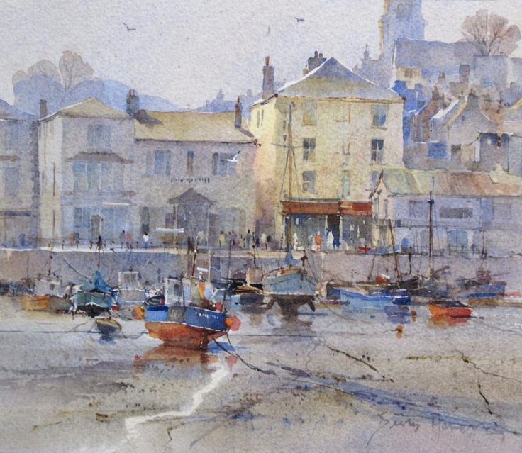 watercolor painting of boats in the harbor with buildings and people walking on the shore