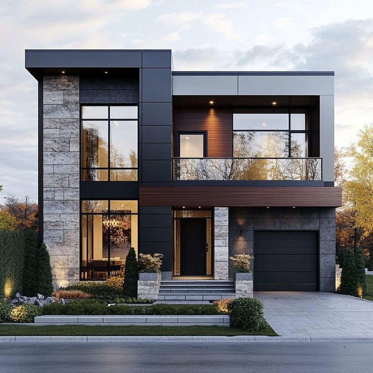 a modern house with two stories and lots of windows on the second story is shown