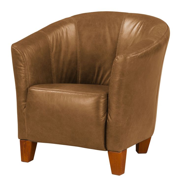 a tan leather chair with wooden legs on a white background