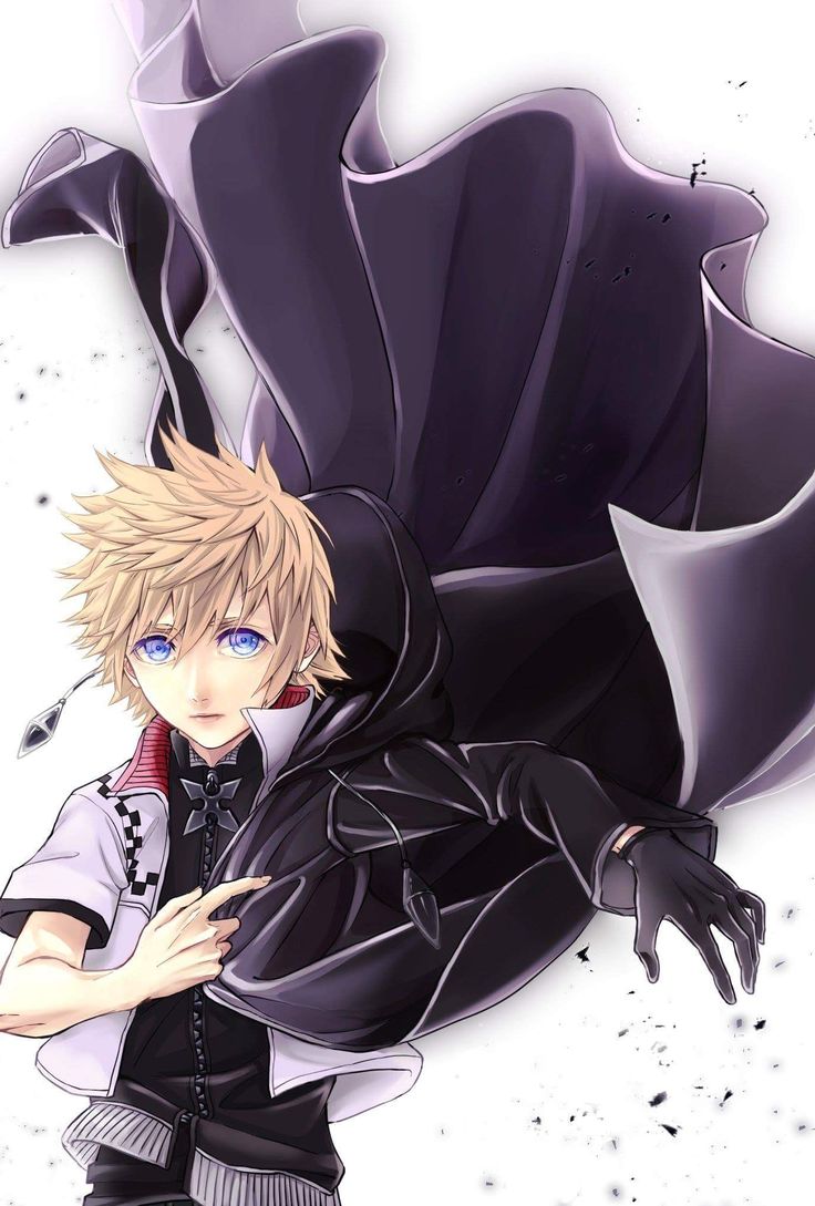 an anime character with blonde hair and blue eyes, wearing black clothes in front of a white background