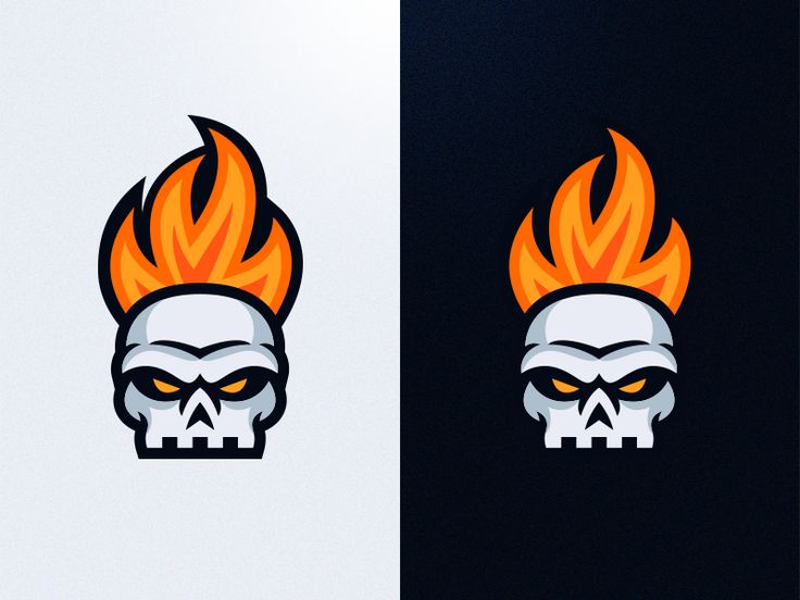 a skull with flames on it's head is shown in two different color variations