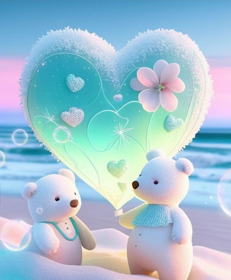 two teddy bears sitting on the beach with bubbles in the shape of a heart and flowers