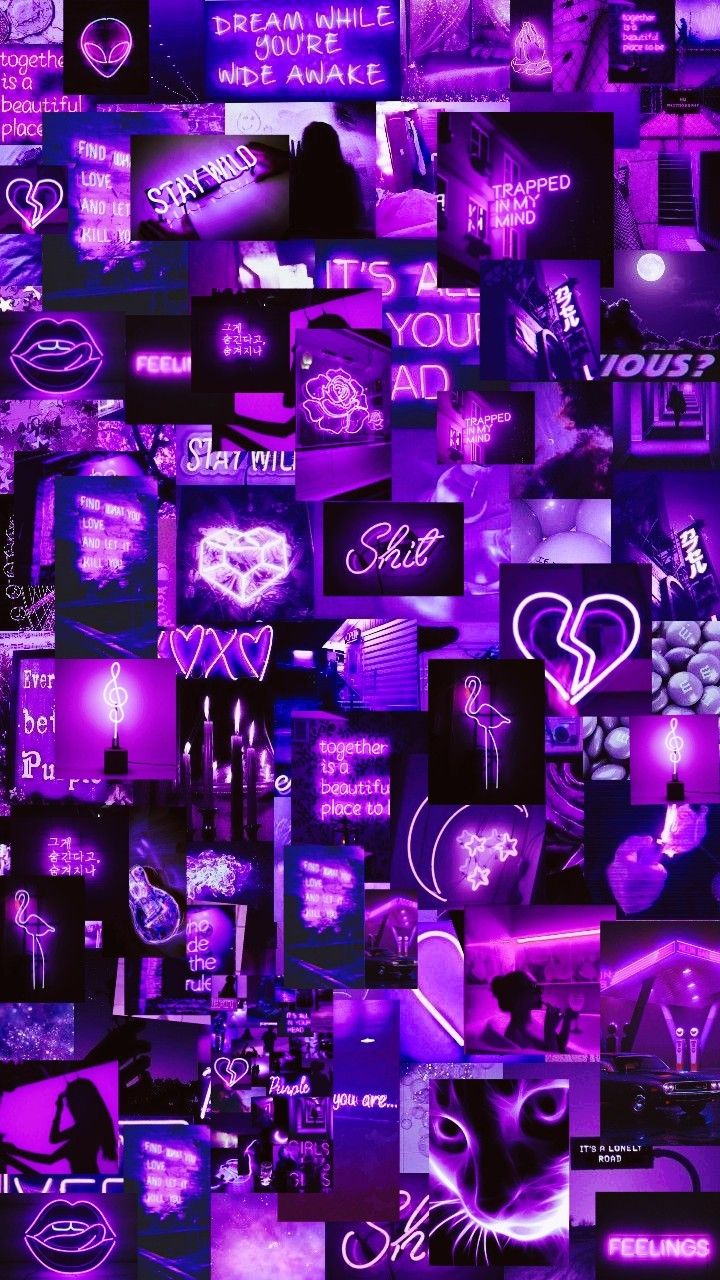 purple and black wallpaper with various images