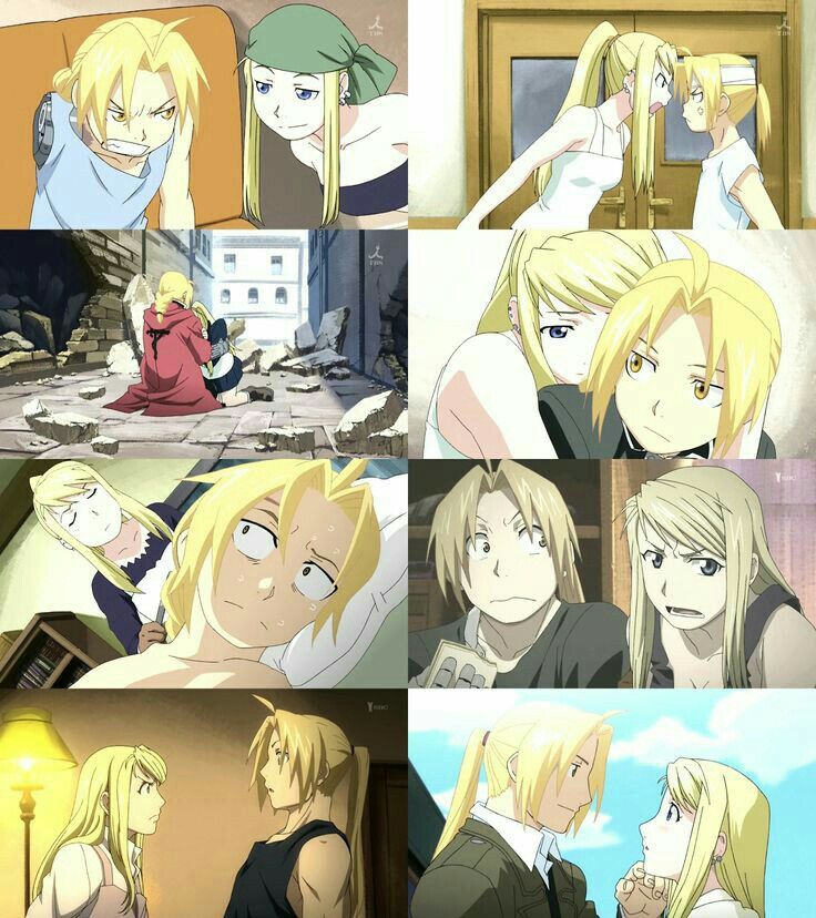 four different pictures of anime characters with blonde hair, one is looking at the camera